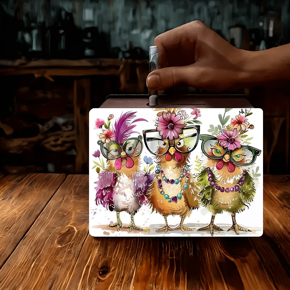 Tirelire boîte bois poules à lunettes, aquarelle