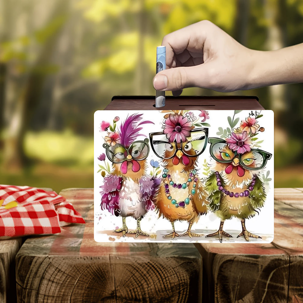 Tirelire boîte bois poules à lunettes, aquarelle
