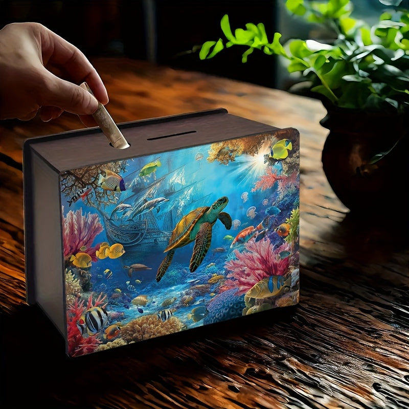 Tirelire boîte en bois, récif corallien et tortue