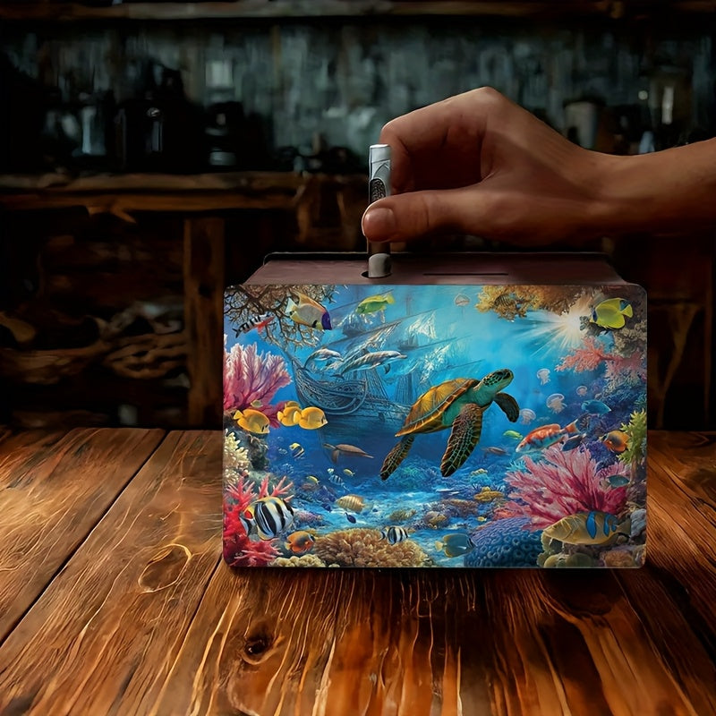 Tirelire boîte en bois, récif corallien et tortue