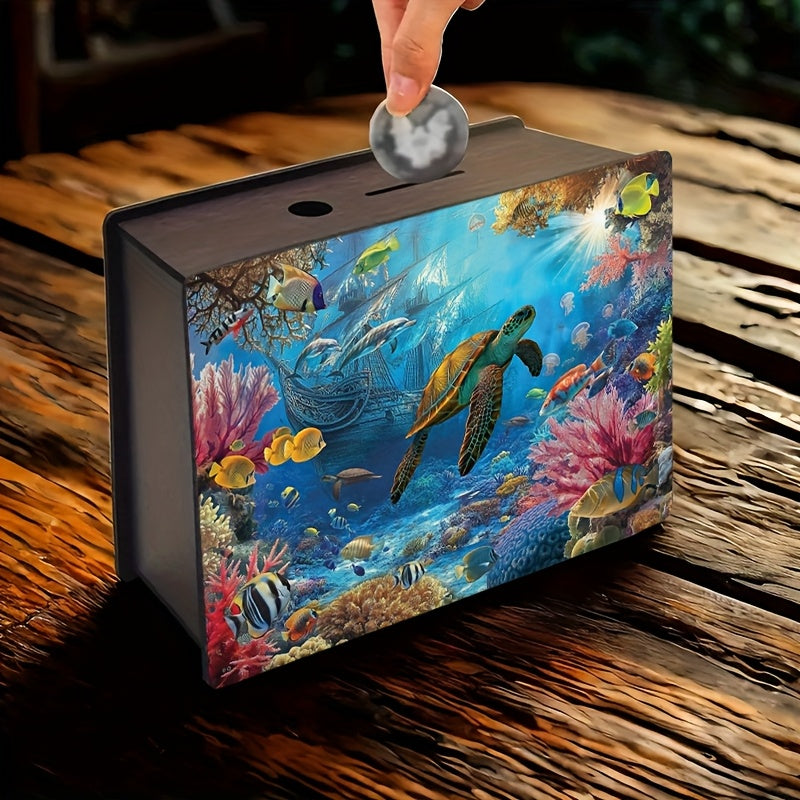 Tirelire boîte en bois, récif corallien et tortue