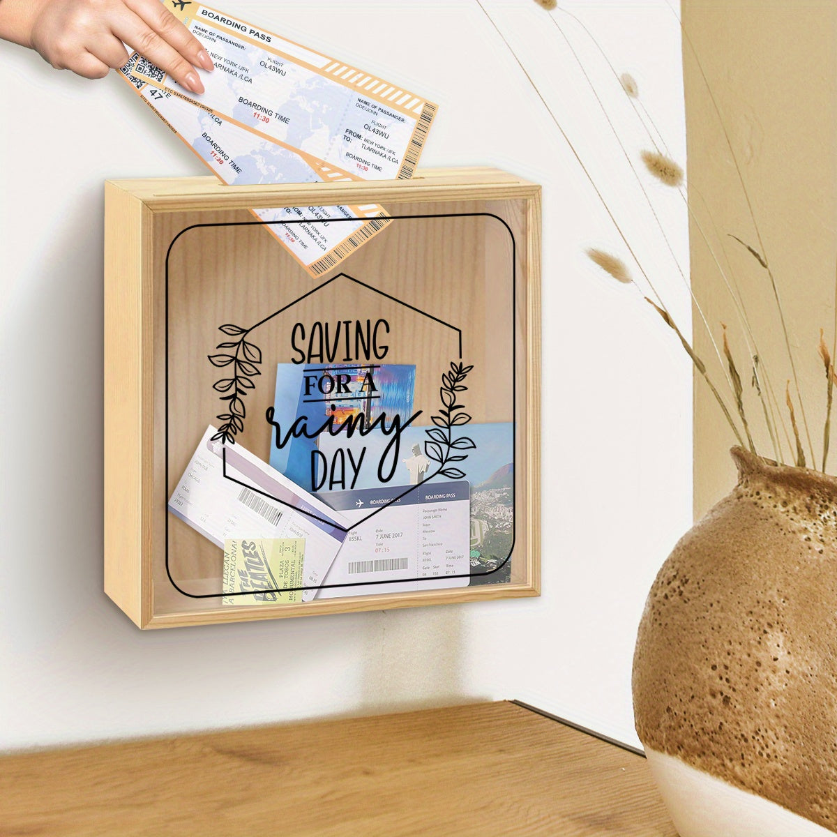 Tirelire vitrine en bois, motif végétal hexagonal, 20 cm