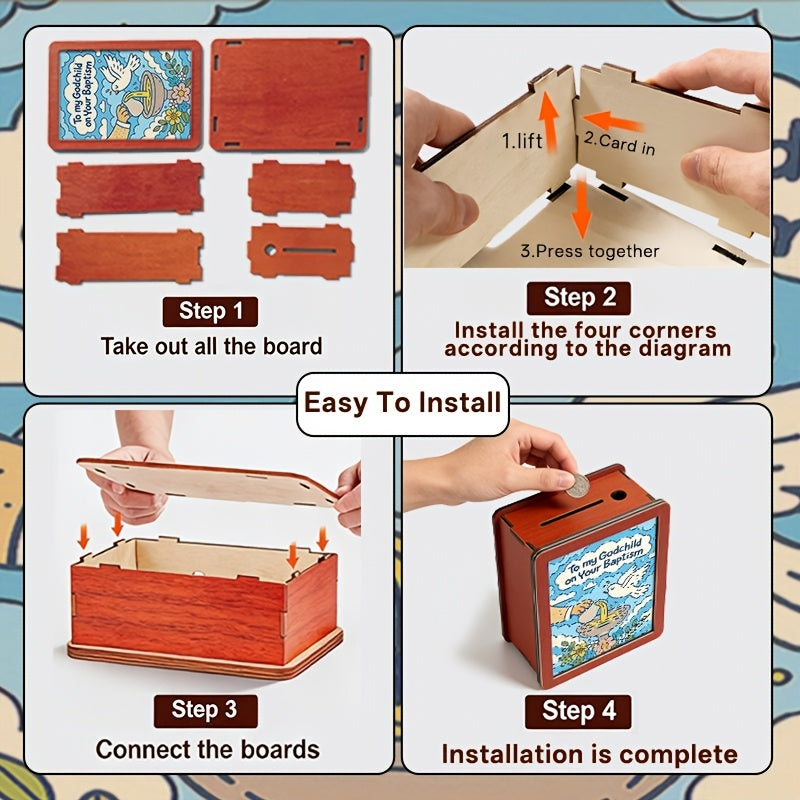 Tirelire cadre en bois teinté, illustration de baptême encadrée