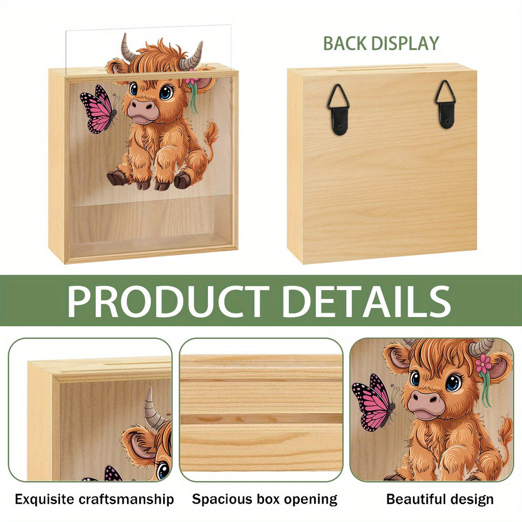 Tirelire cadre en bois vache des Highlands, vitrine