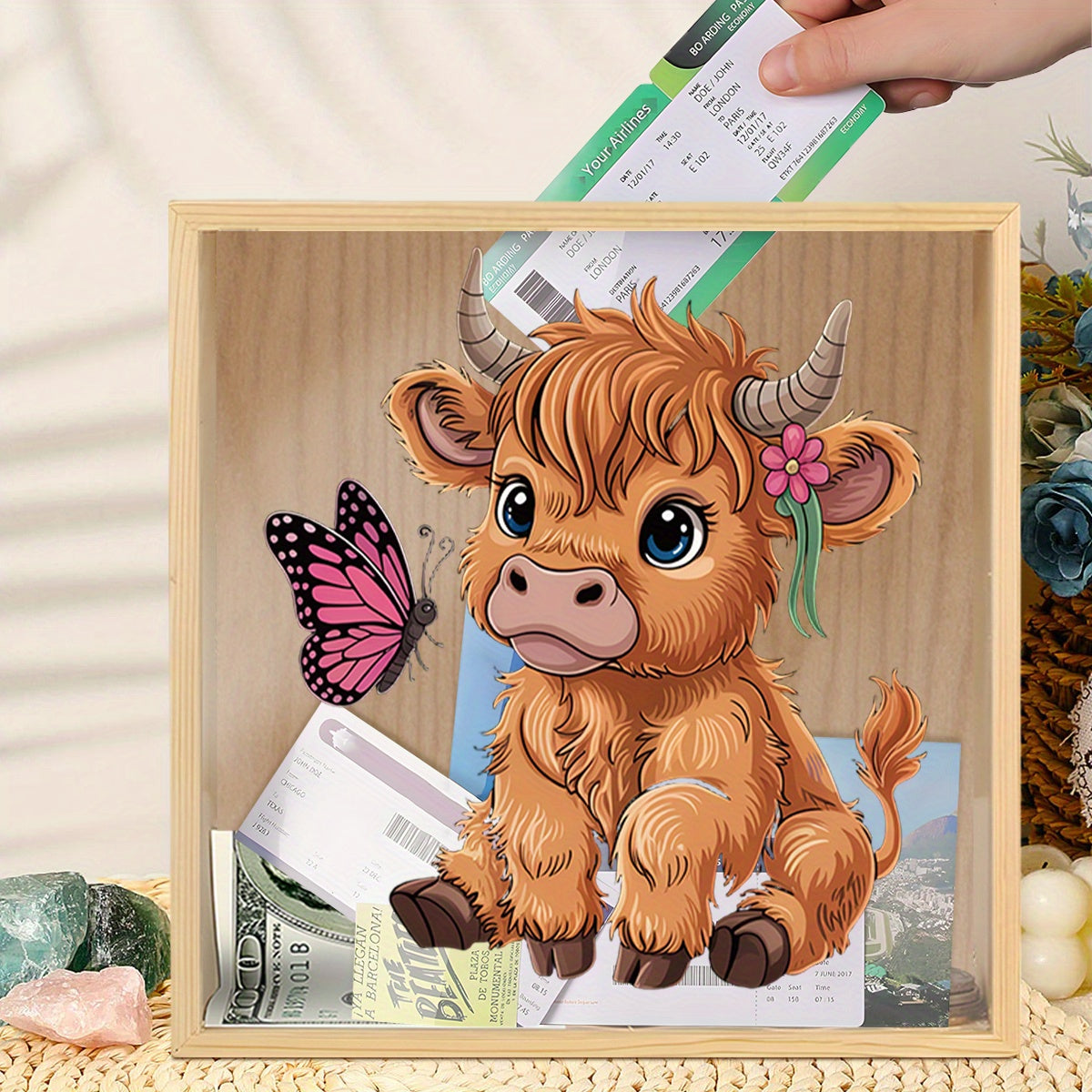 Tirelire cadre en bois vache des Highlands, vitrine