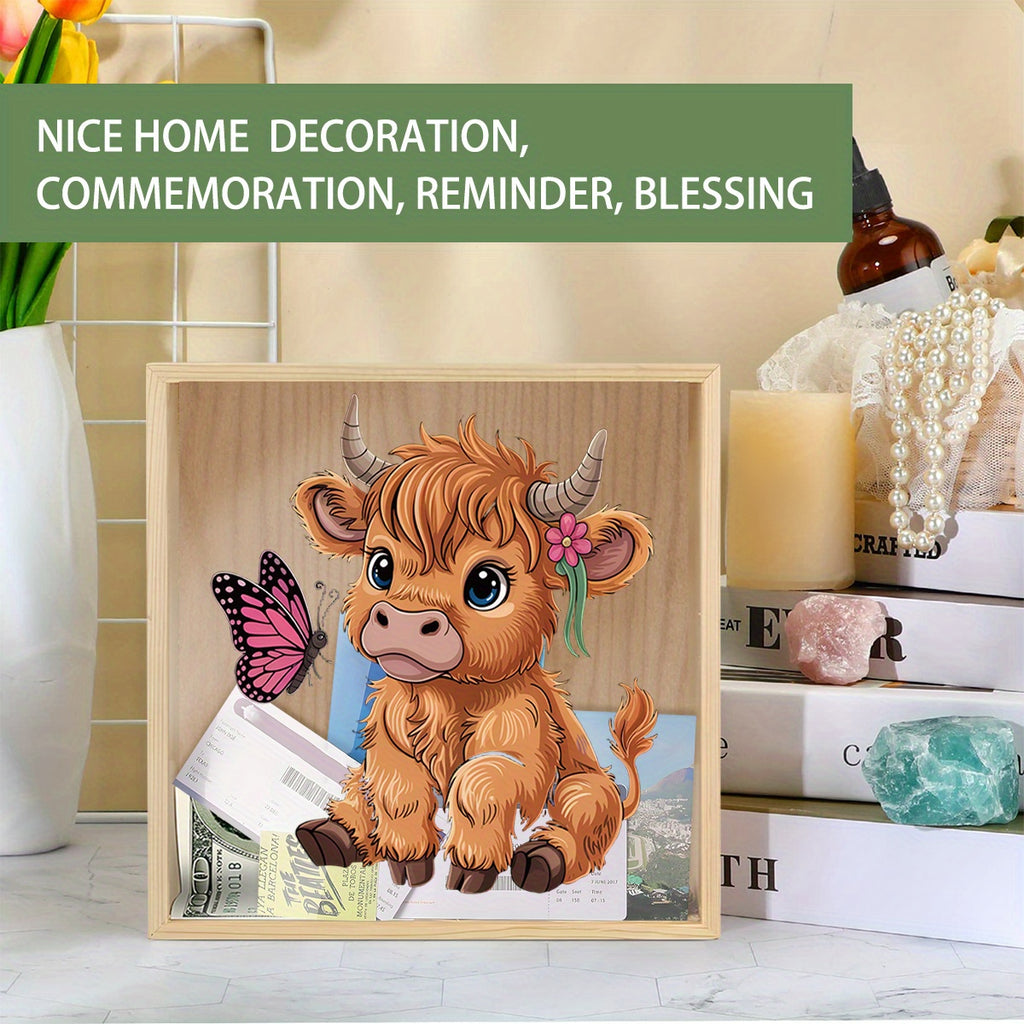 Tirelire cadre en bois vache des Highlands, vitrine
