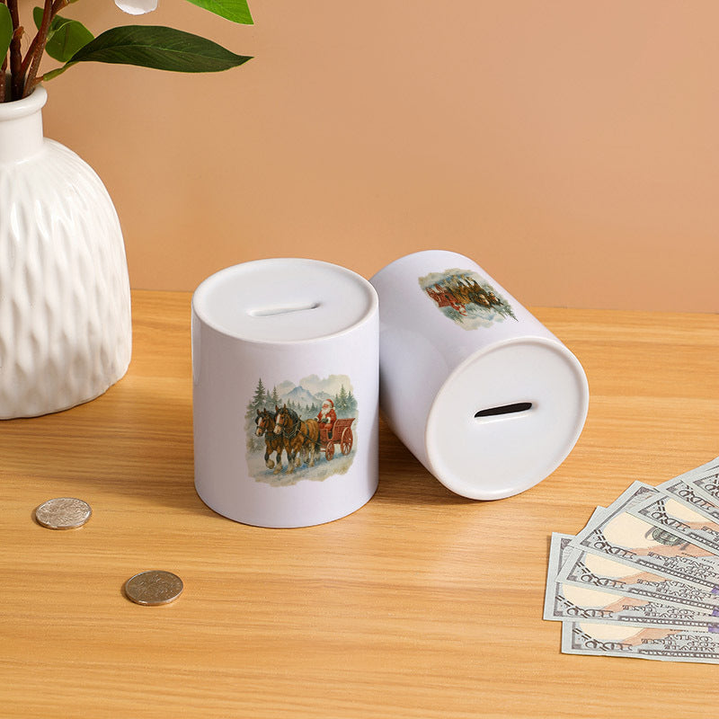 Tirelire en céramique blanche, attelage de chevaux de Noël