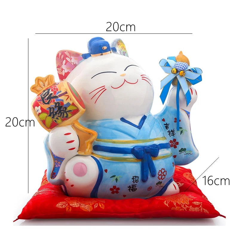Tirelire chat porte-bonheur en céramique, duo en kimono