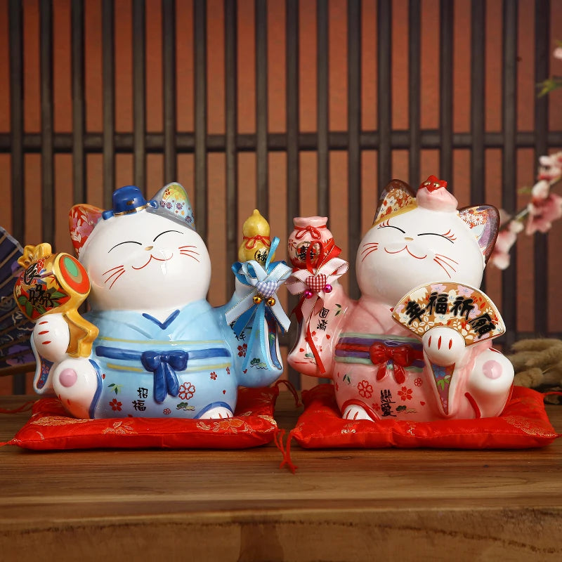 Tirelire chat porte-bonheur en céramique, duo en kimono