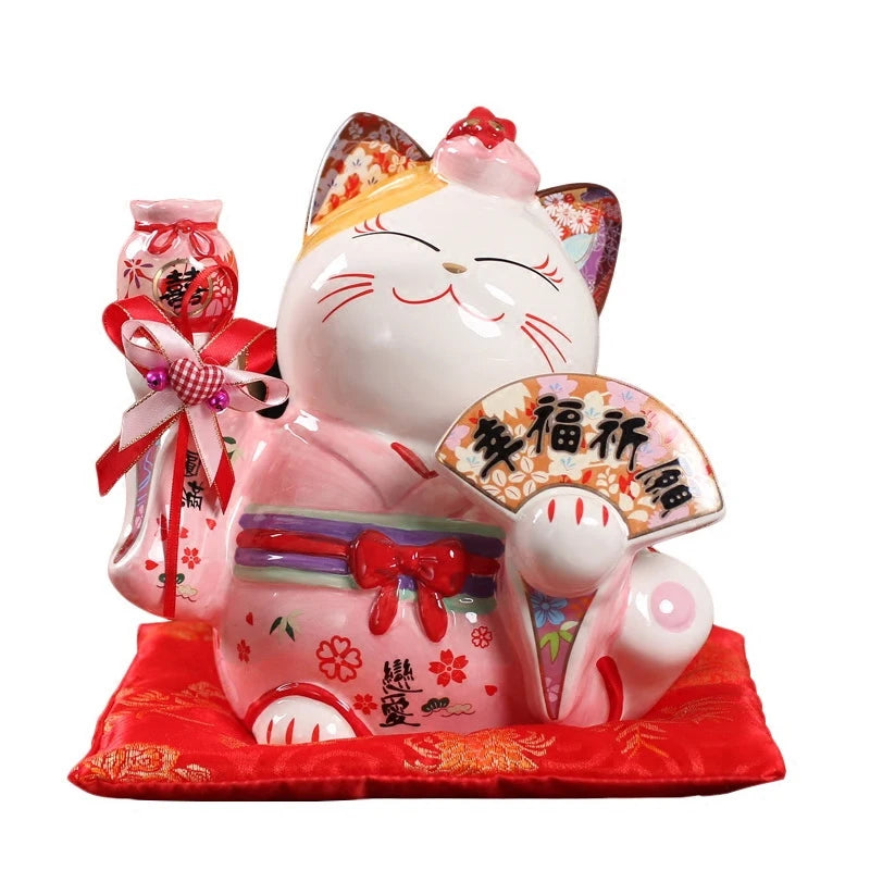 Tirelire chat porte-bonheur en céramique, duo en kimono