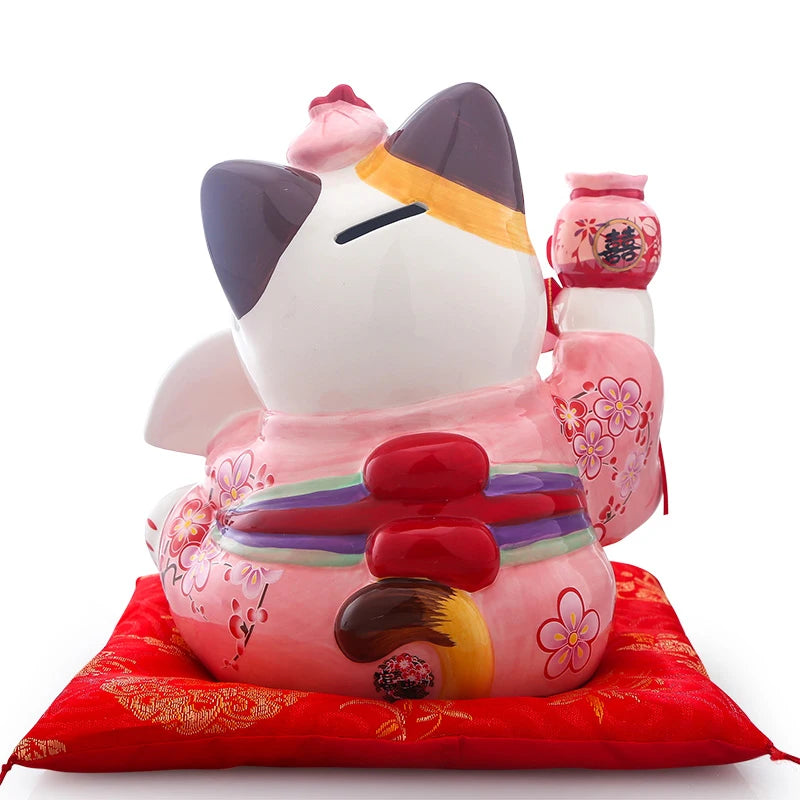 Tirelire chat porte-bonheur en céramique, duo en kimono