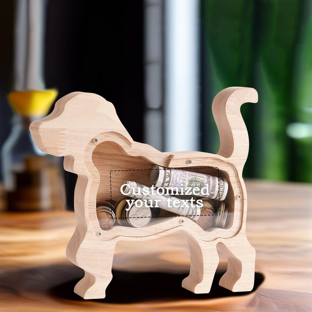 Tirelire silhouette de chien en bois, façade transparente vissée