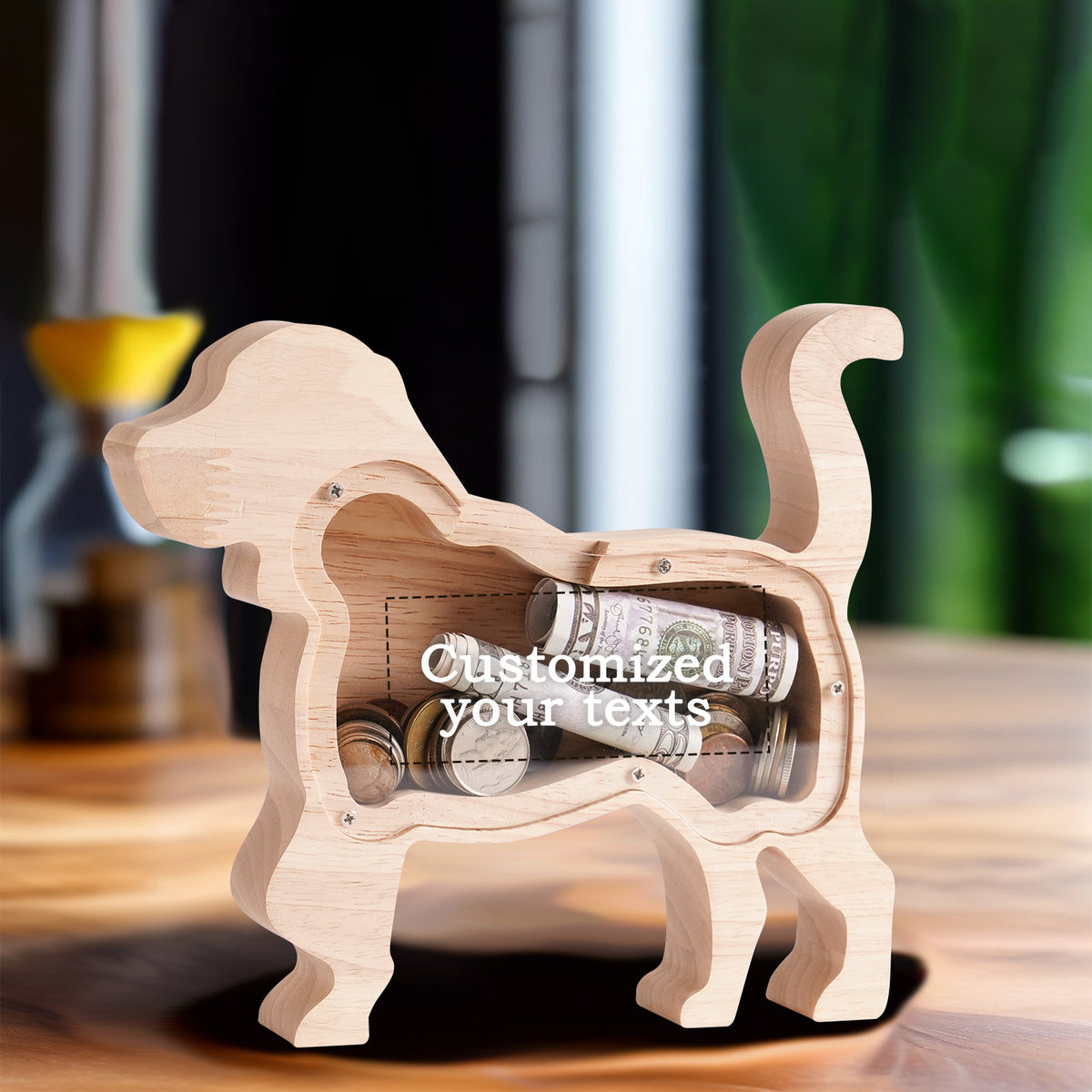 Tirelire silhouette de chien en bois, façade transparente vissée