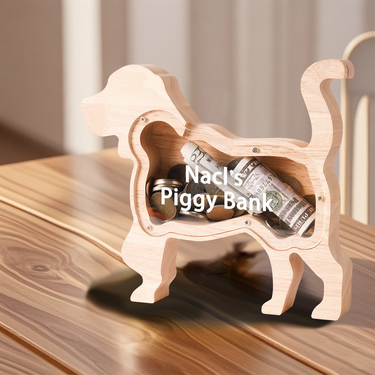 Tirelire silhouette de chien en bois, façade transparente vissée