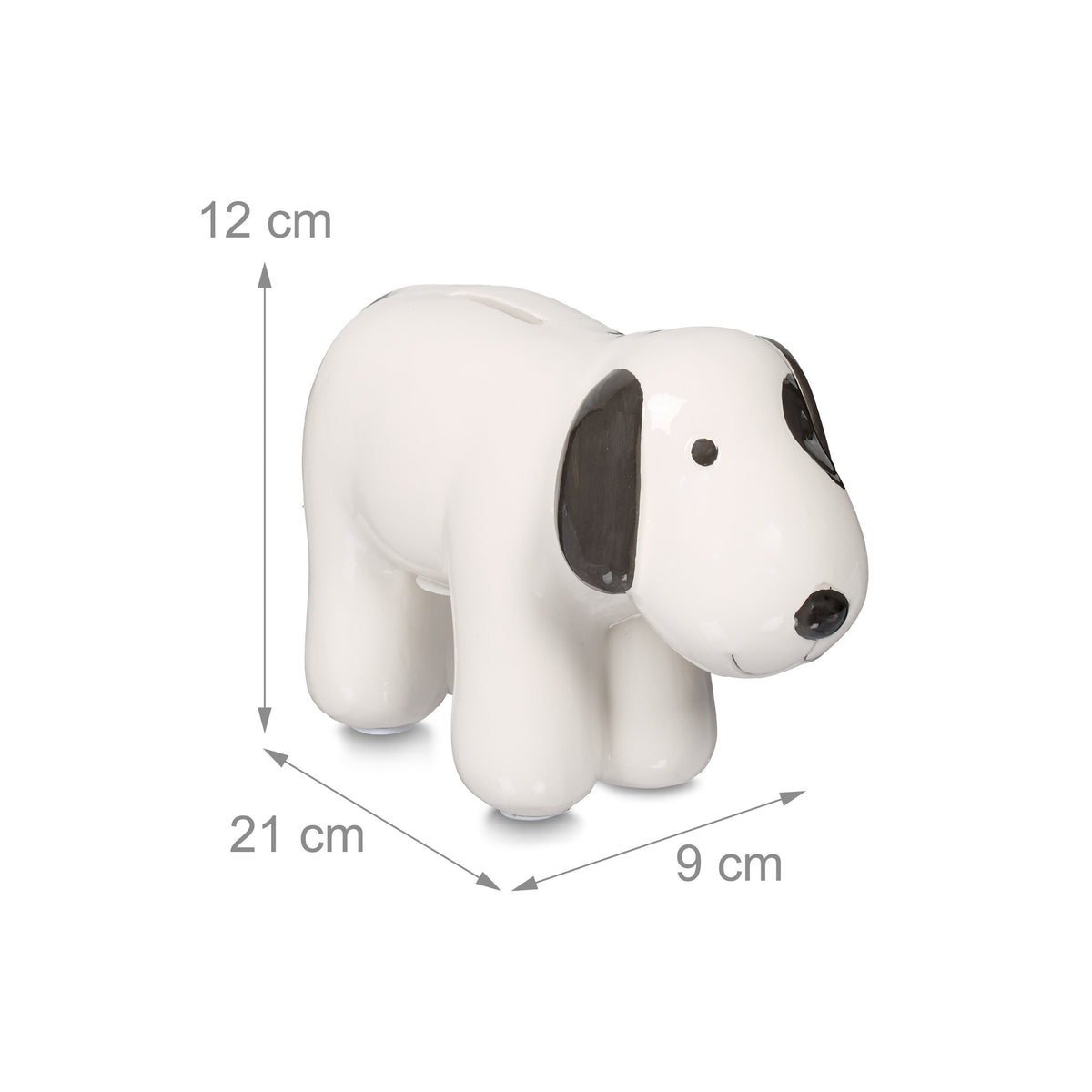 Tirelire chien en céramique blanche — Bouchon sous le ventre