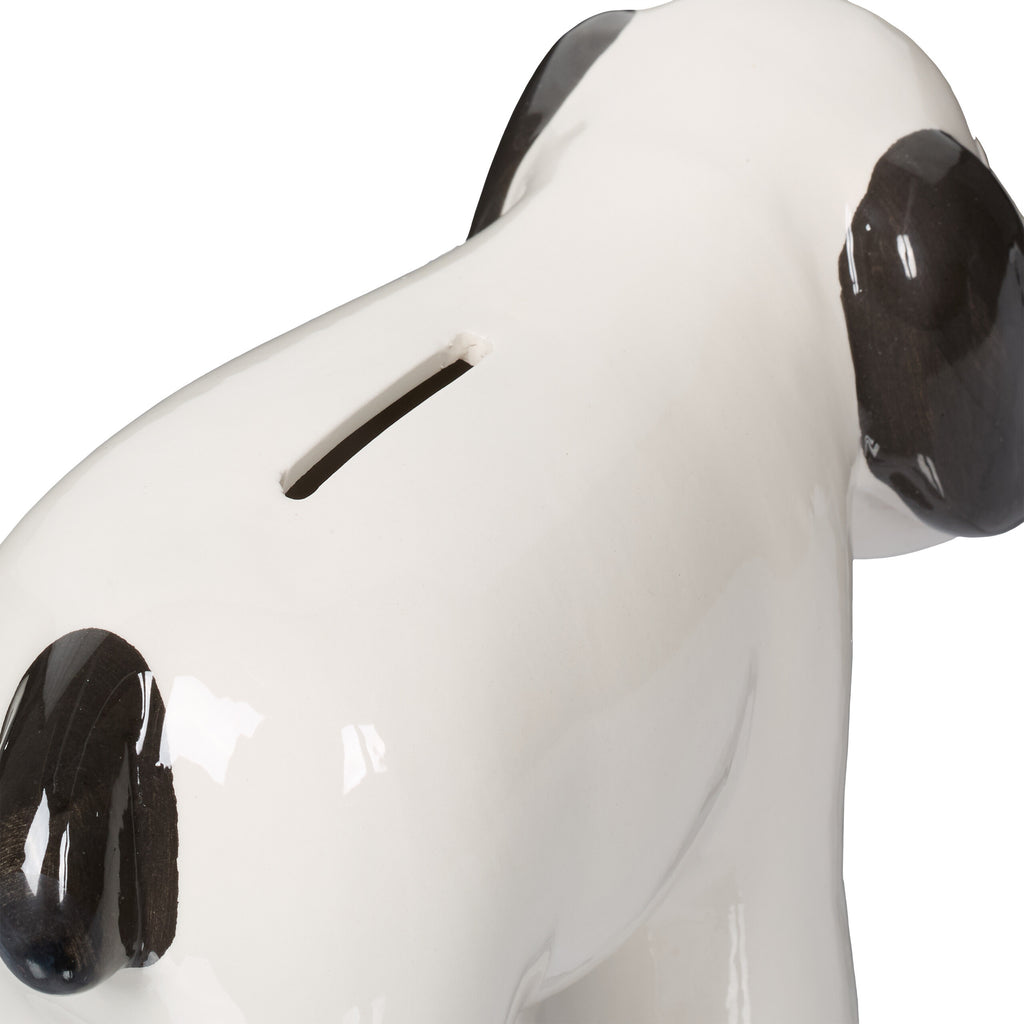 Tirelire chien en céramique blanche — Bouchon sous le ventre