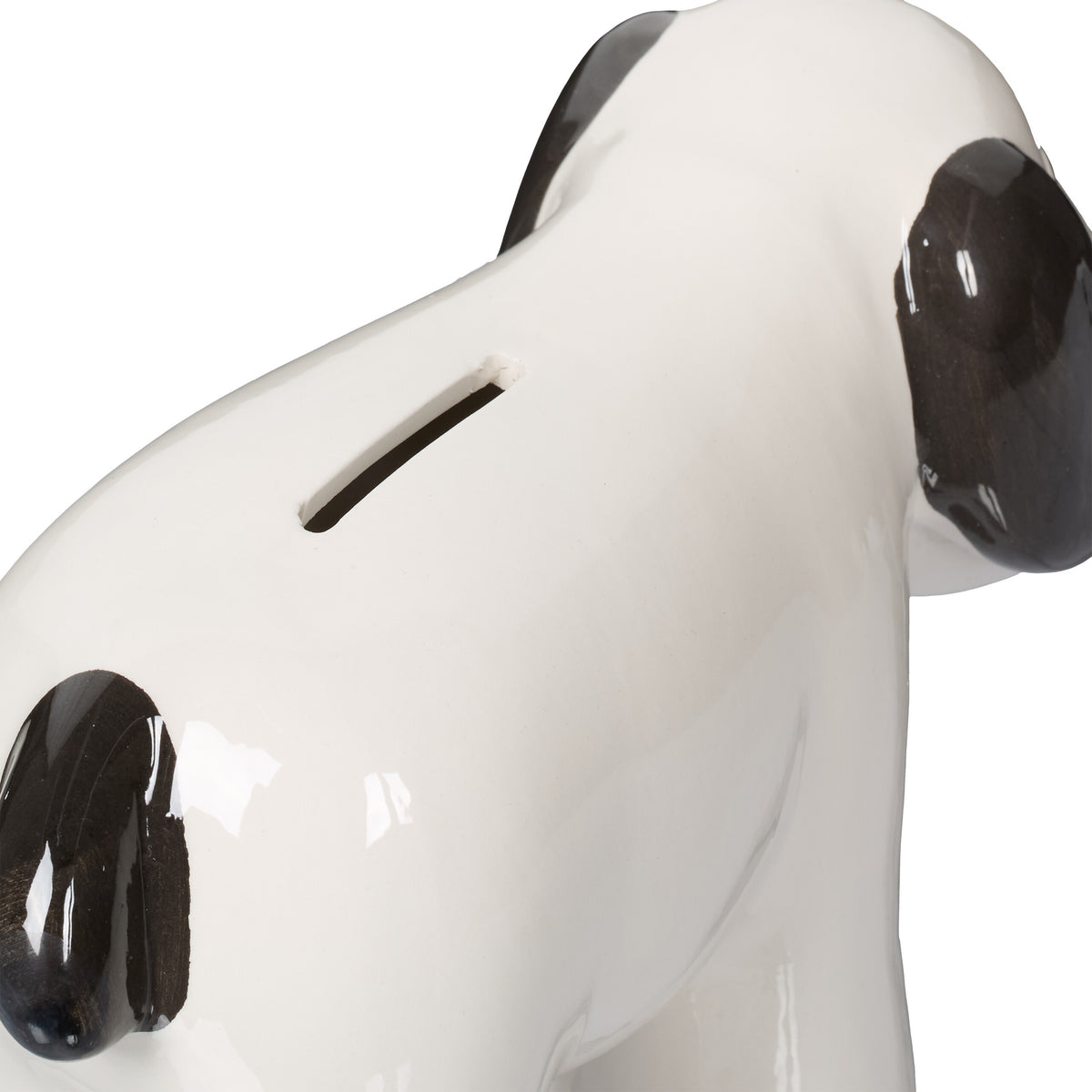 Tirelire chien en céramique blanche — Bouchon sous le ventre