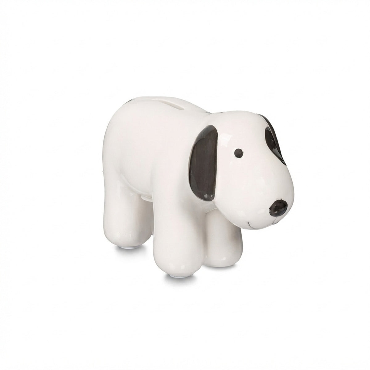 Tirelire chien en céramique blanche — Bouchon sous le ventre