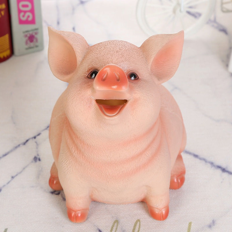 Tirelire cochon assis au poil gravé, gueule grande ouverte