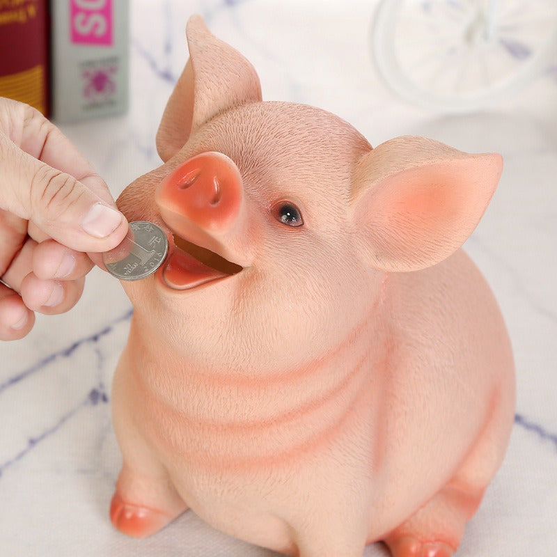 Tirelire cochon assis au poil gravé, gueule grande ouverte