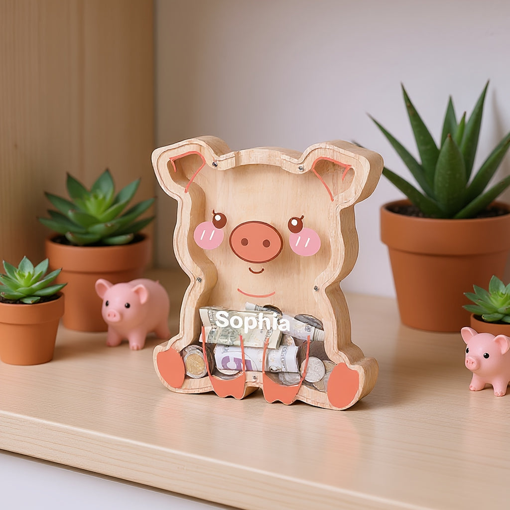 Tirelire cochon en bois, grande façade acrylique
