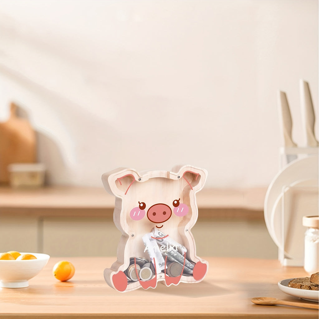 Tirelire cochon en bois, grande façade acrylique