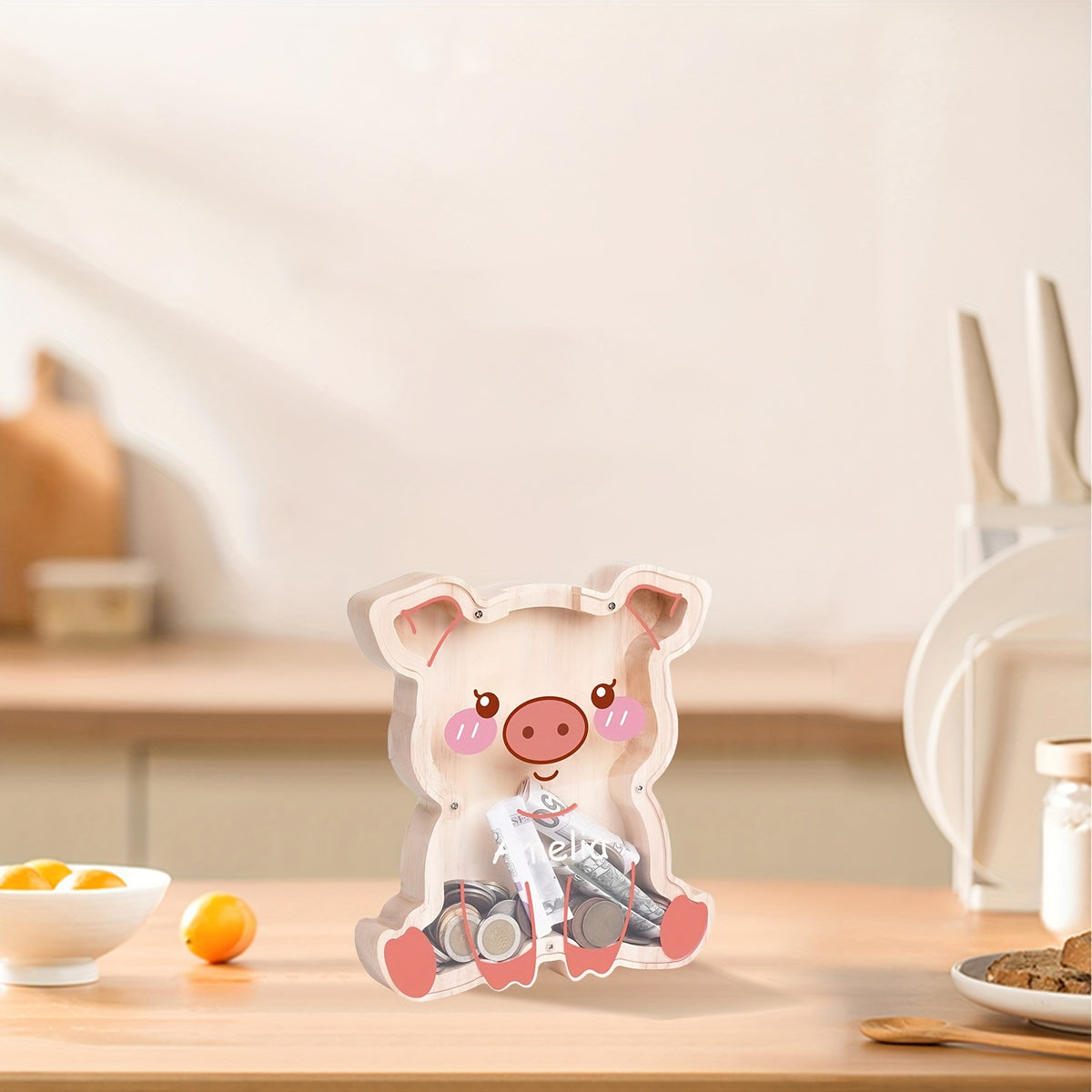 Tirelire cochon en bois, grande façade acrylique