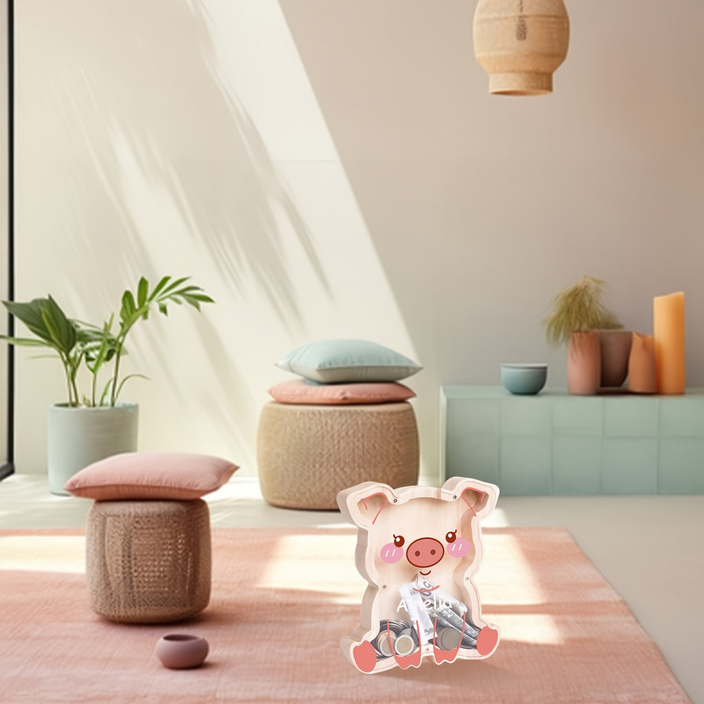 Tirelire cochon en bois, grande façade acrylique
