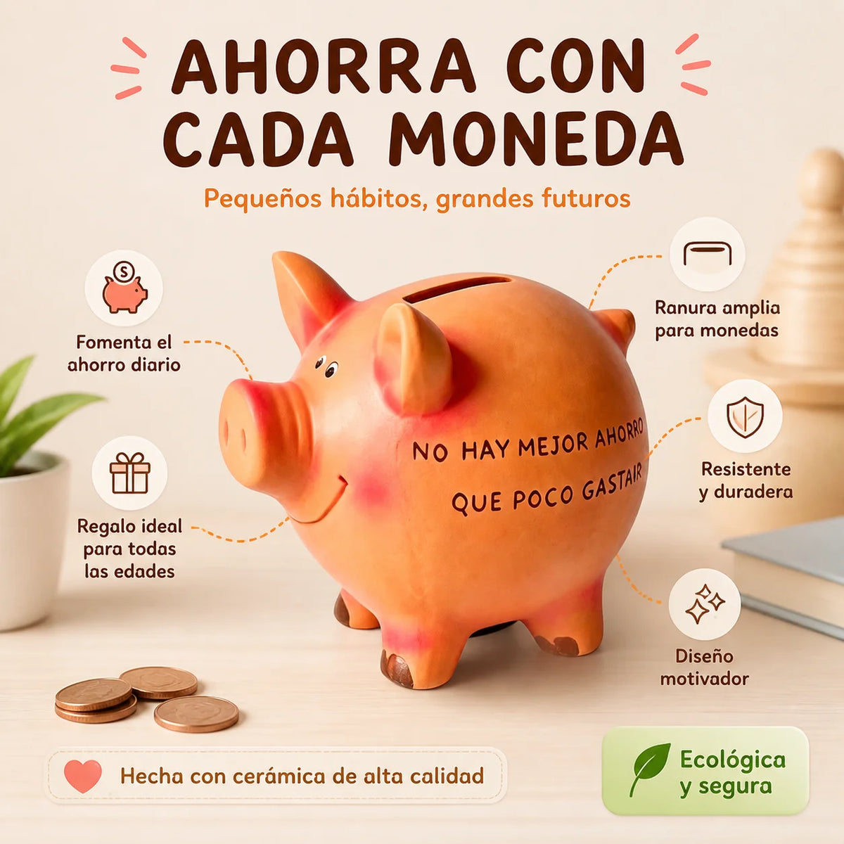 Tirelire cochon en céramique terre cuite avec bouchon