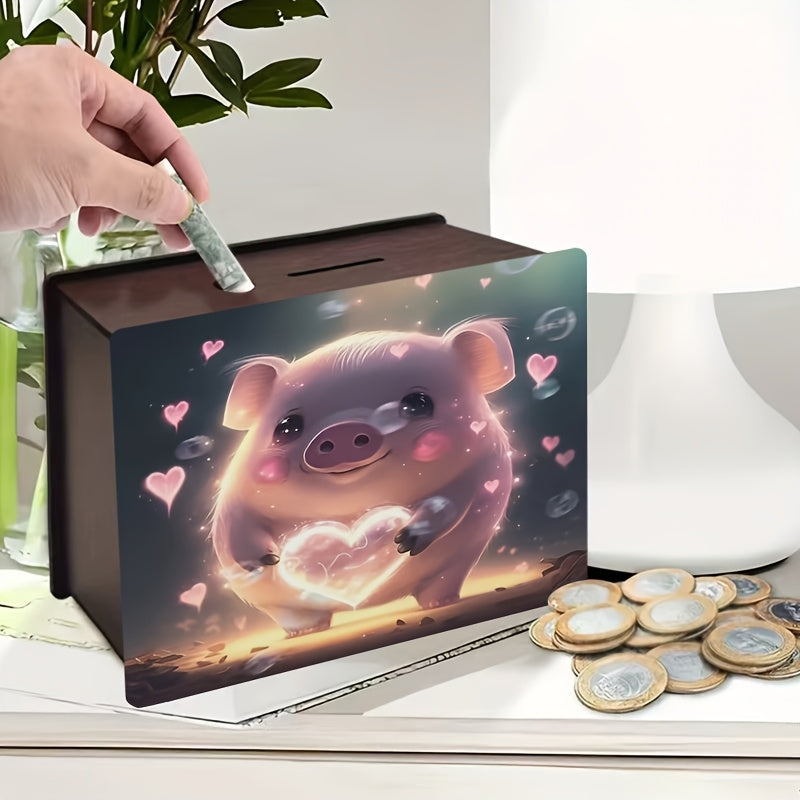 Tirelire cochon au cœur lumineux, boîte à monnaie bois