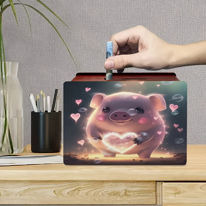 Tirelire cochon au cœur lumineux, boîte à monnaie bois
