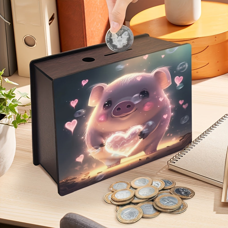 Tirelire cochon au cœur lumineux, boîte à monnaie bois