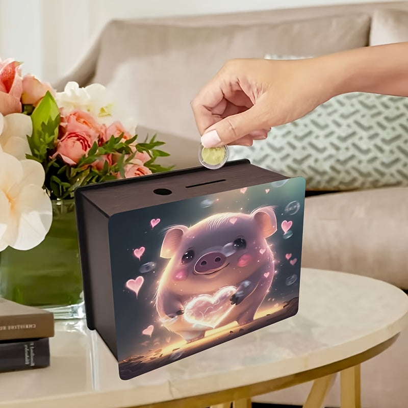 Tirelire cochon au cœur lumineux, boîte à monnaie bois