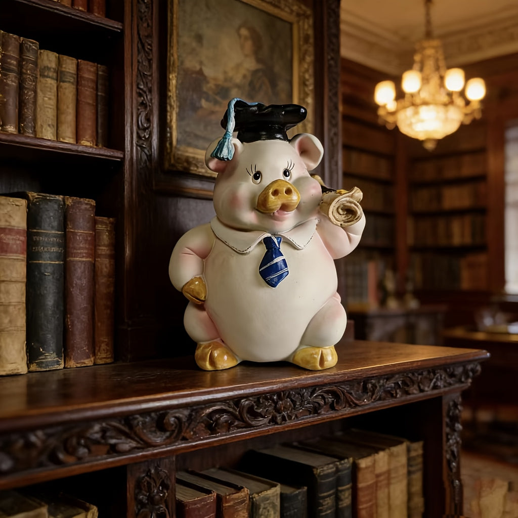 Tirelire cochon diplômé en résine peinte, figurine