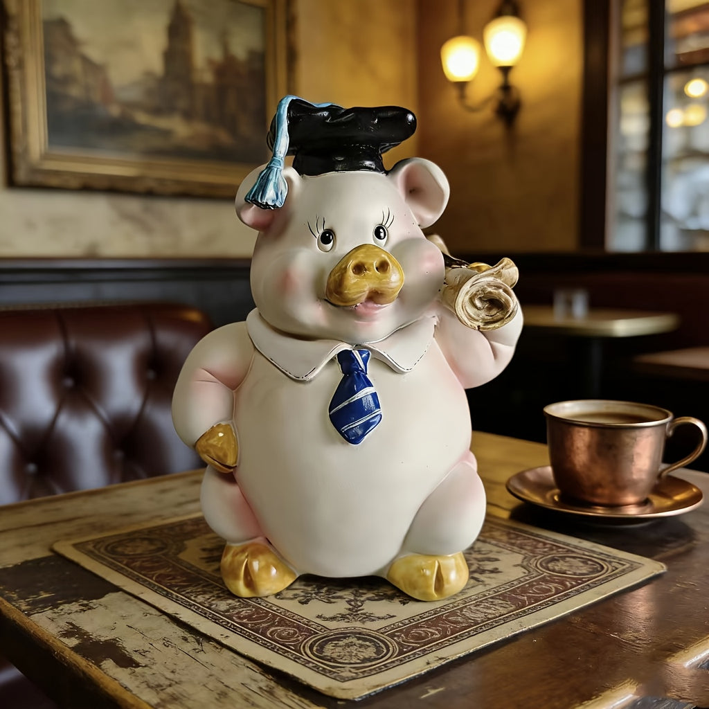 Tirelire cochon diplômé en résine peinte, figurine