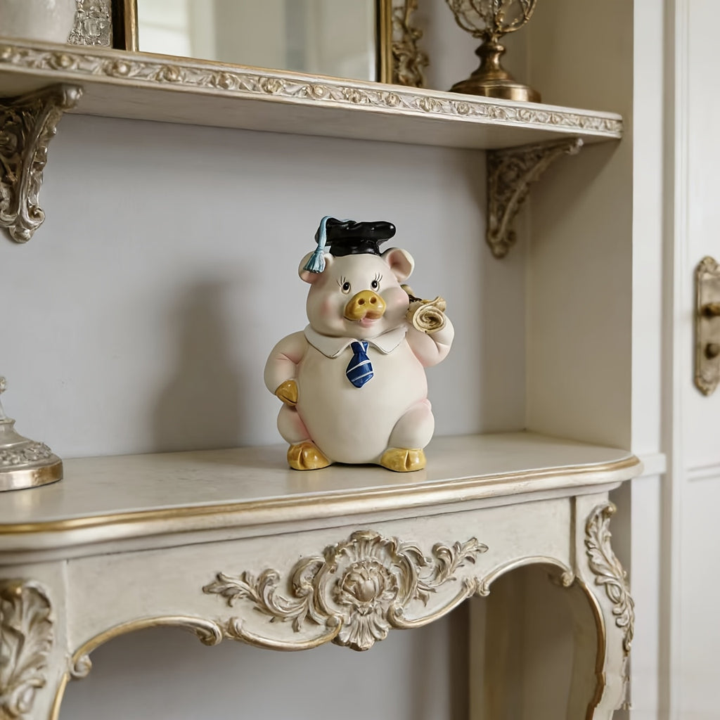 Tirelire cochon diplômé en résine peinte, figurine