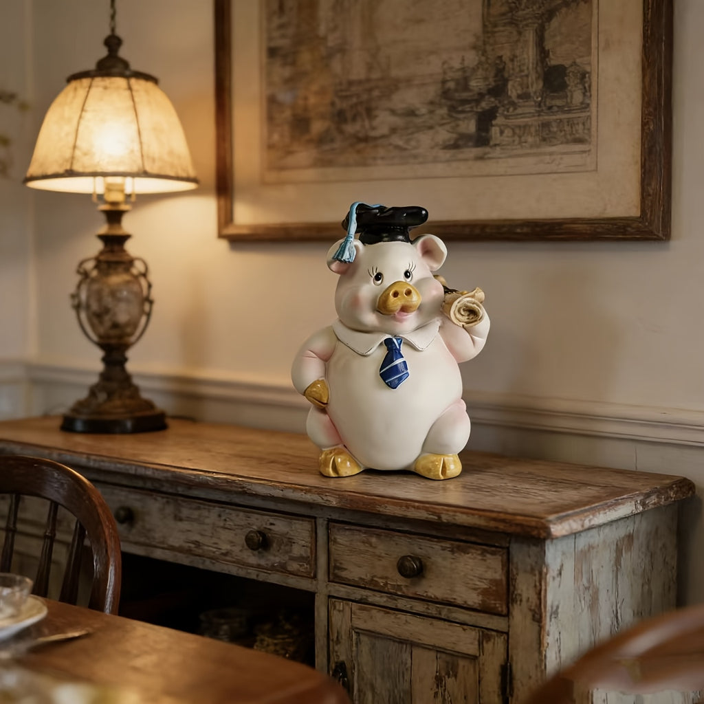 Tirelire cochon diplômé en résine peinte, figurine