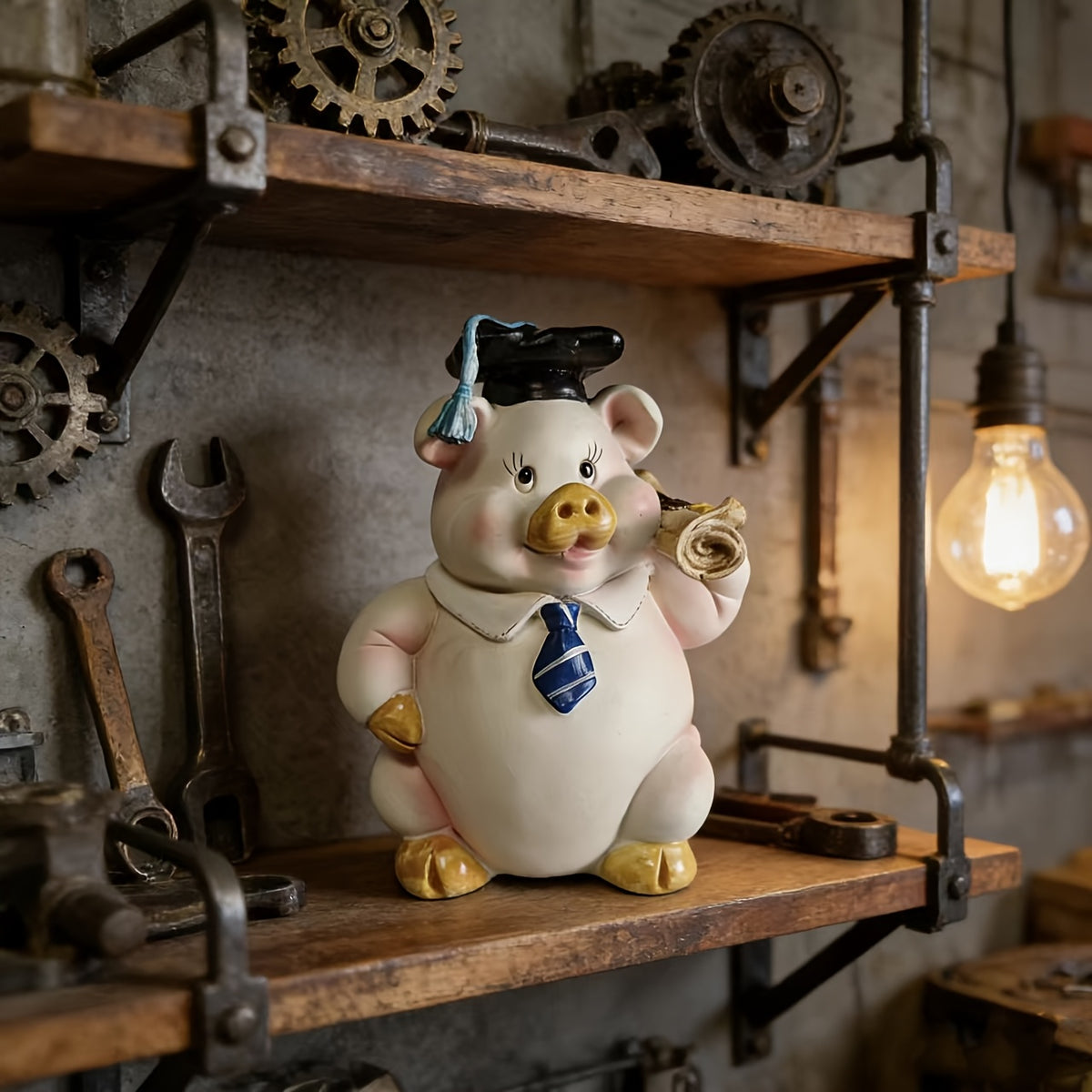 Tirelire cochon diplômé en résine peinte, figurine