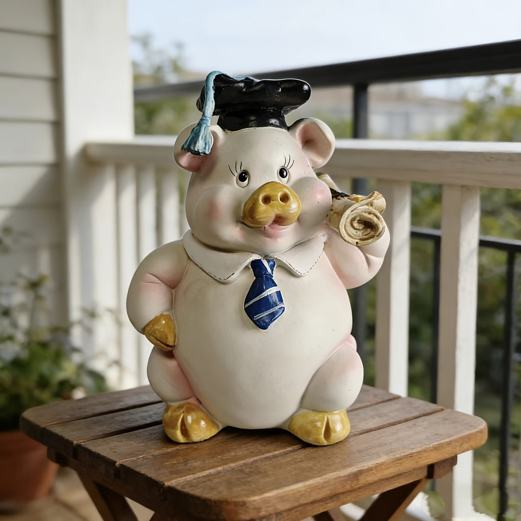 Tirelire cochon diplômé en résine peinte, figurine