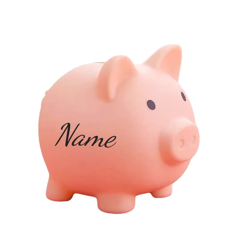 Tirelire cochon en satiné, fente à pièces et billets