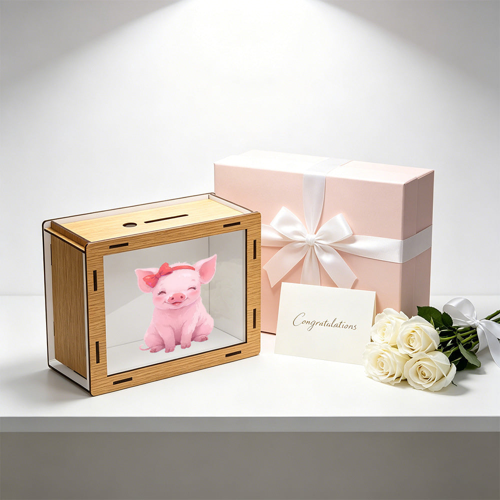 Tirelire cochon à fenêtre transparente, cadre bois