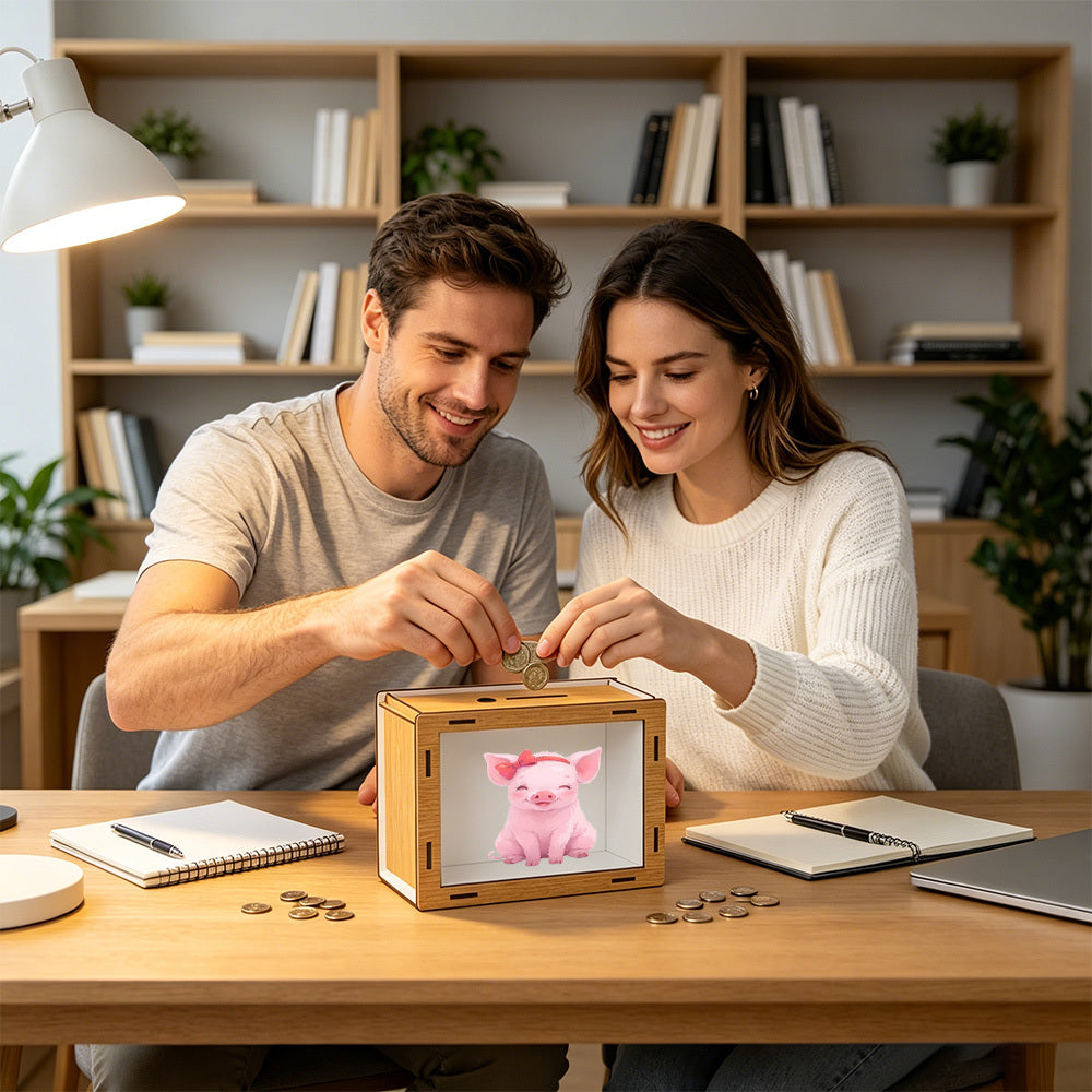 Tirelire cochon à fenêtre transparente, cadre bois