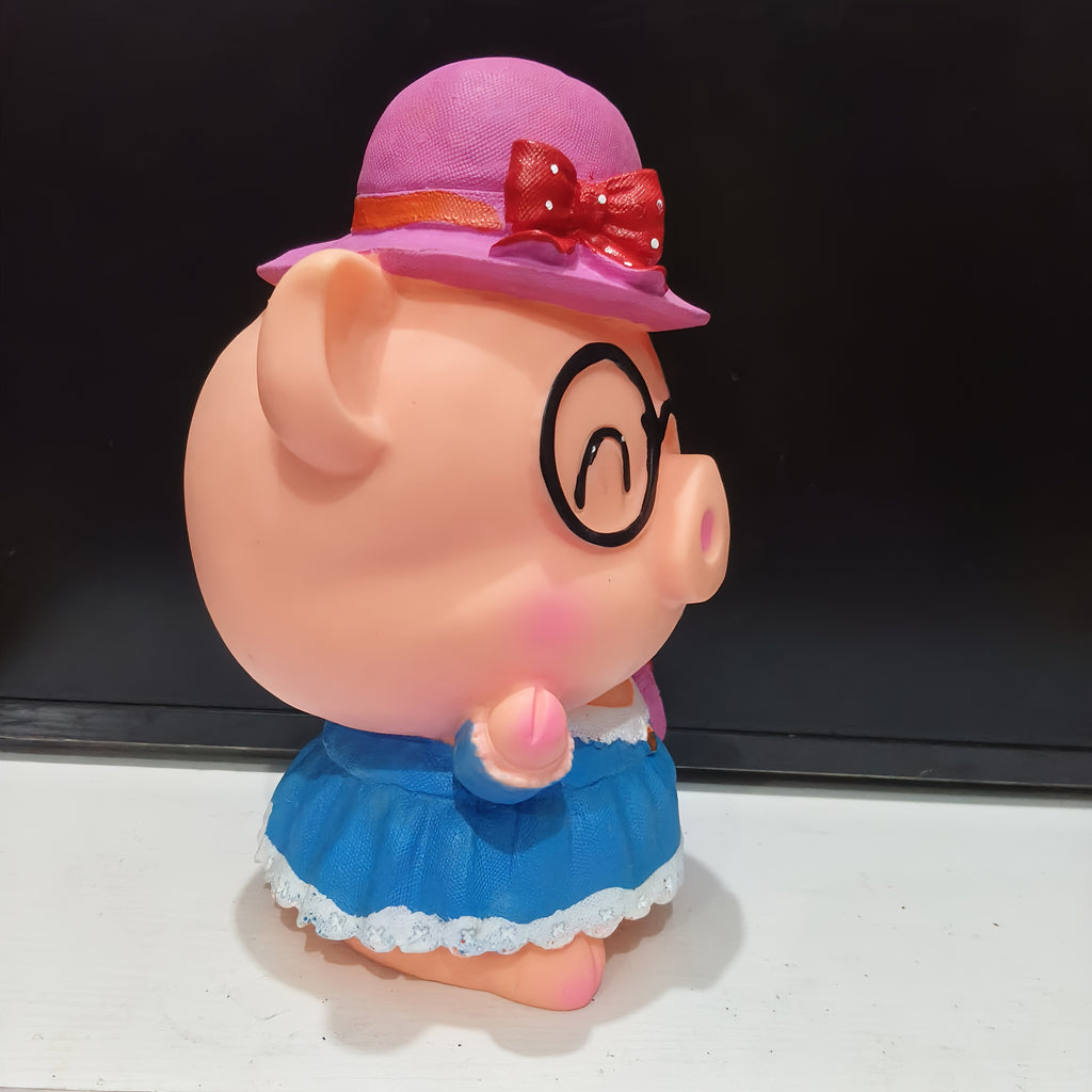 Tirelire cochon en robe bleue et chapeau — Figurine 22 cm