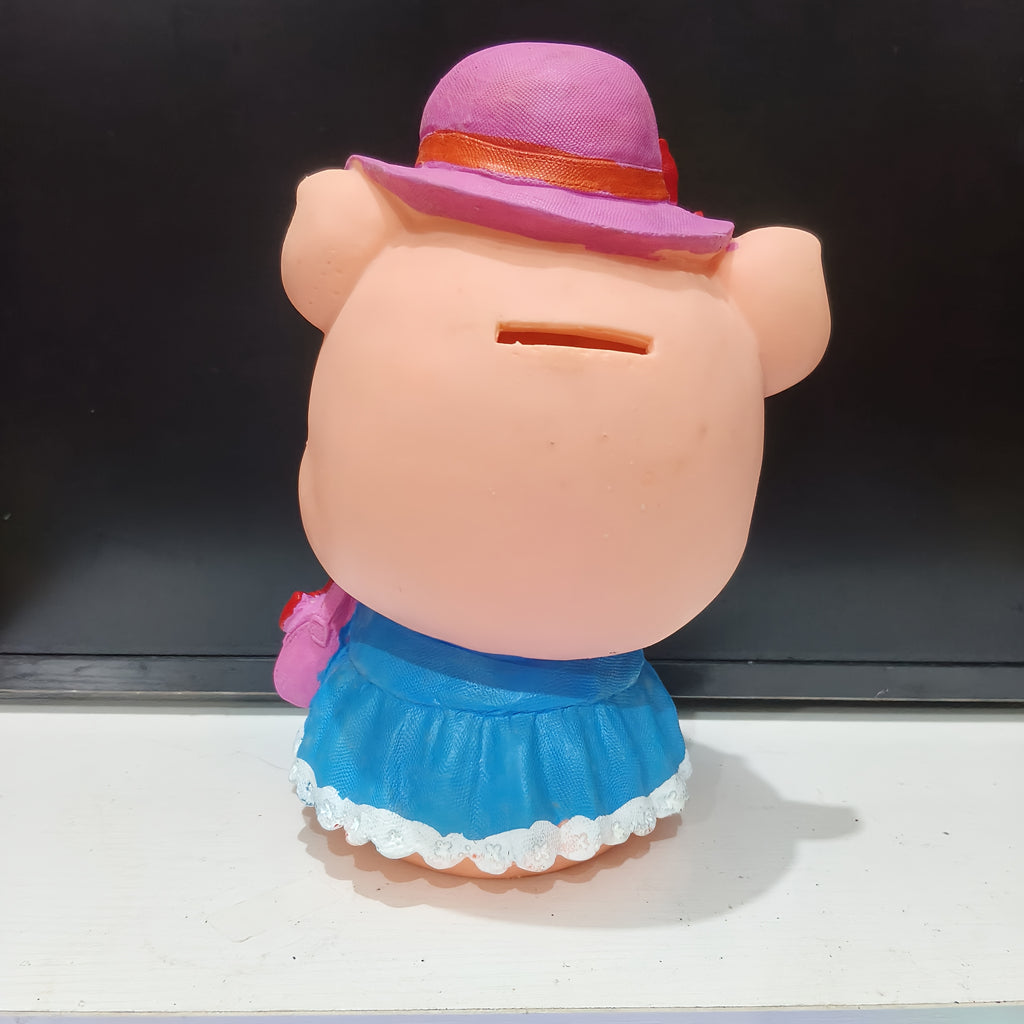 Tirelire cochon en robe bleue et chapeau — Figurine 22 cm