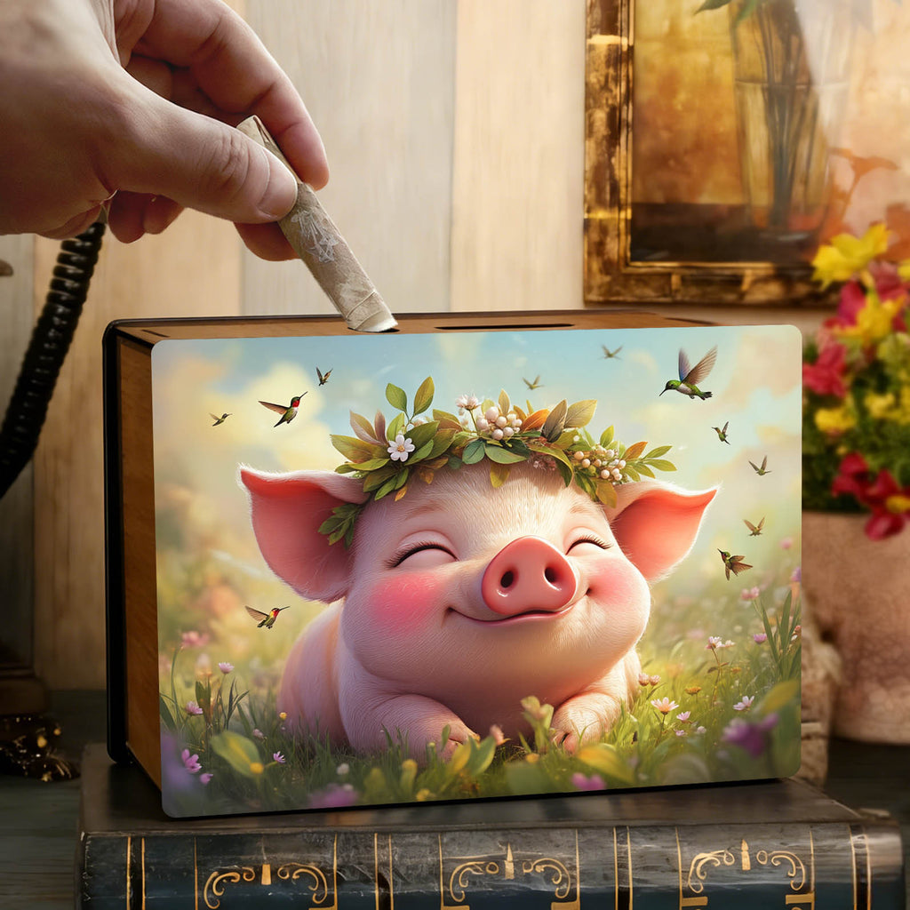 Tirelire cochon fleuri en bois, grille d'épargne au dos