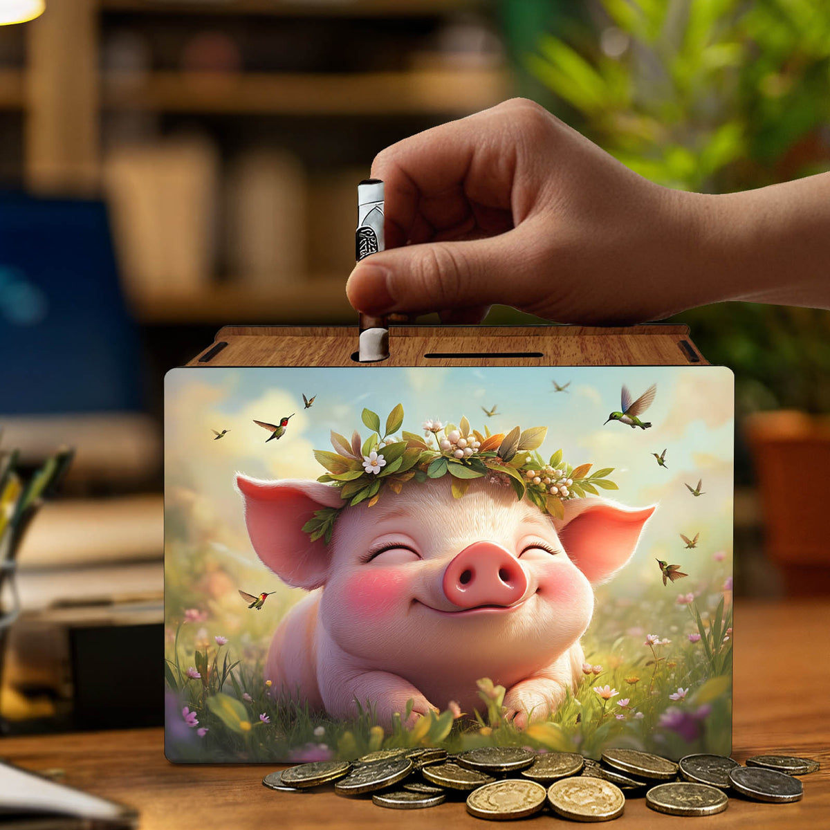 Tirelire cochon fleuri en bois, grille d'épargne au dos