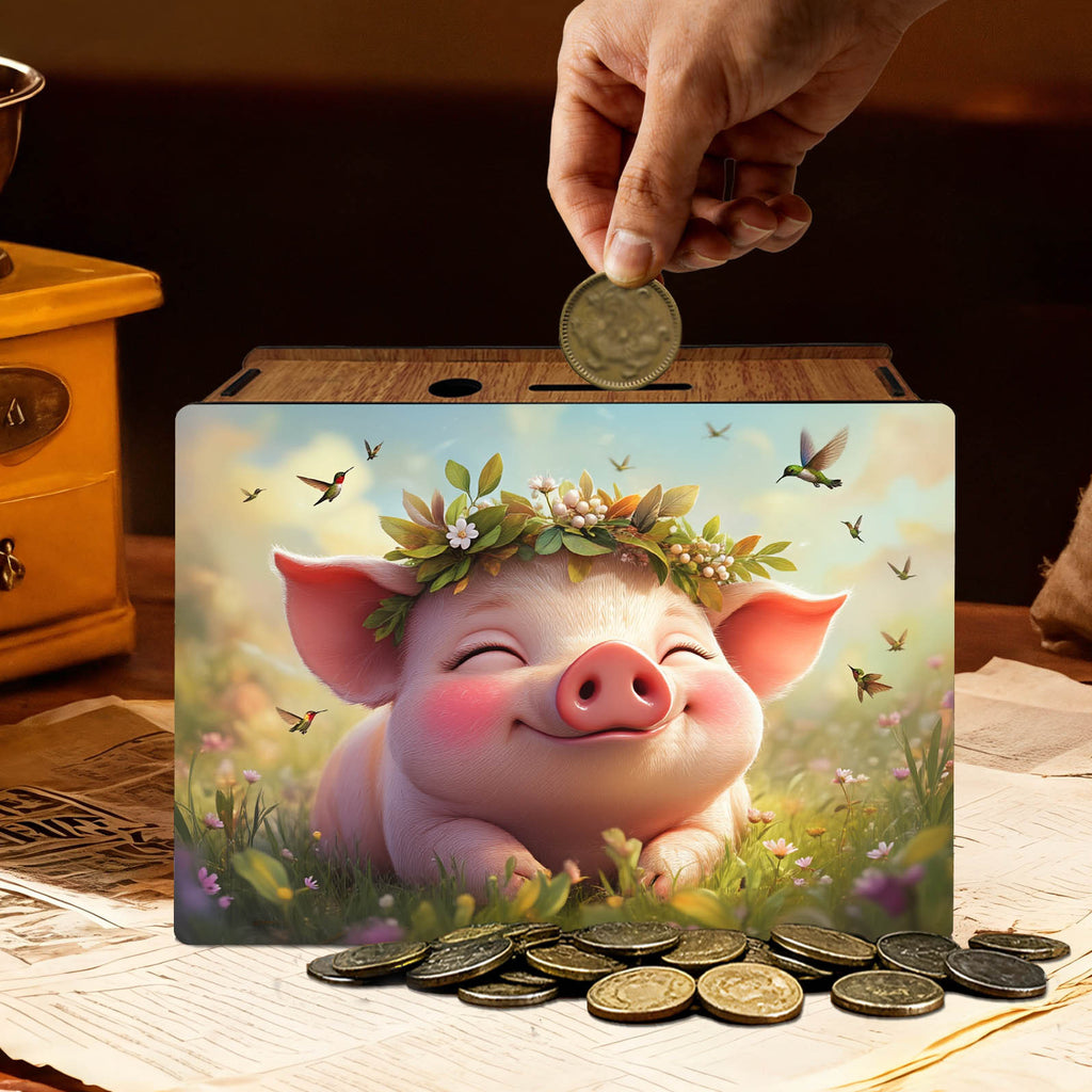 Tirelire cochon fleuri en bois, grille d'épargne au dos