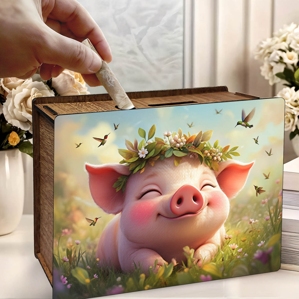 Tirelire cochon fleuri en bois, grille d'épargne au dos