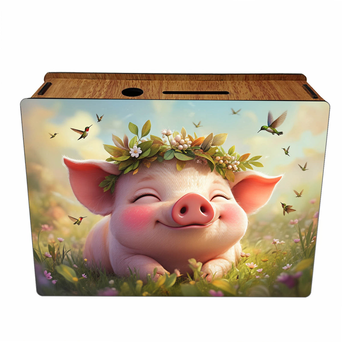 Tirelire cochon fleuri en bois, grille d'épargne au dos