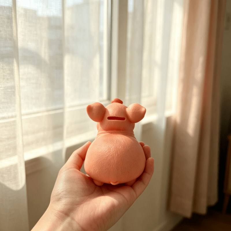 Tirelire cochon rieur en résine rose, douze centimètres de large